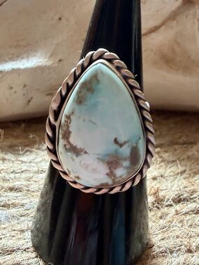Sterling Silver Dry Creek Turquoise Teardrop Ring - Light Blue and Brown